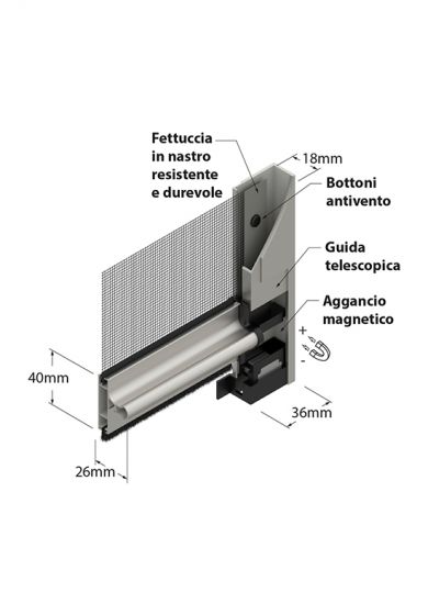 Zanzariera Antivento a rullo Verticale, a Catena e Aggancio magnetico, ingombro da 55 mm - 15031
