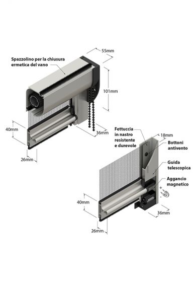 Zanzariera Antivento a rullo Verticale, a Catena e Aggancio magnetico, ingombro da 55 mm - 15031