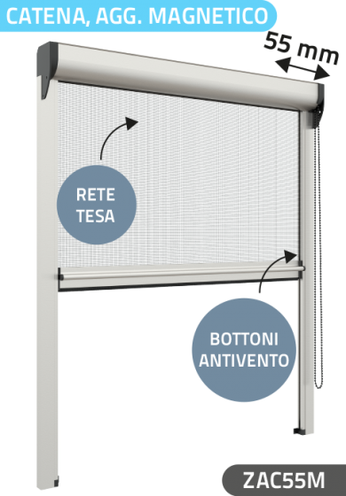 Zanzariera Antivento a rullo Verticale, a Catena e Aggancio magnetico, ingombro da 55 mm - 15031