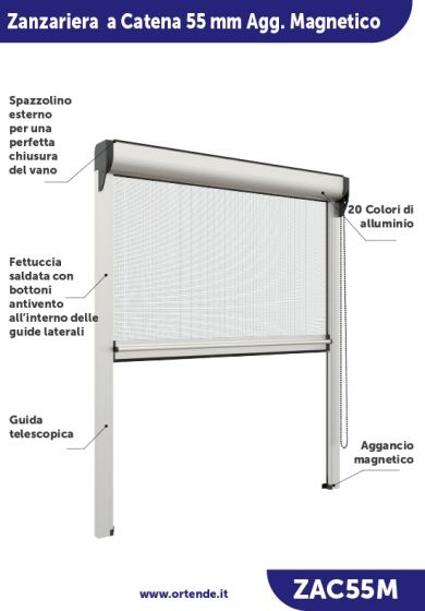 Zanzariera Antivento a rullo Verticale, a Catena e Aggancio magnetico, ingombro da 55 mm - 15031
