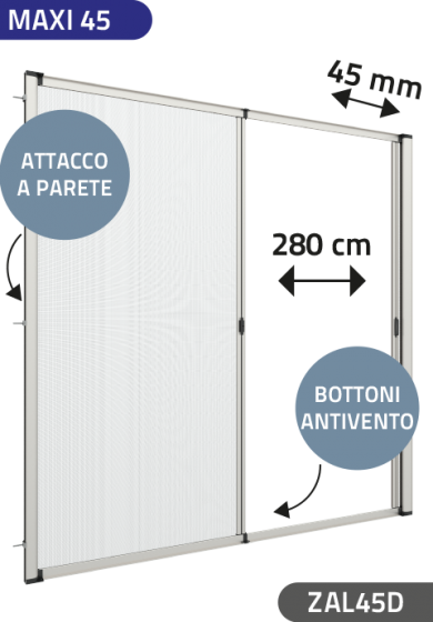 Zanzariera Antivento a rullo Laterale, a Molla e a doppia Apertura, per Larghezza Vano fino a 280 cm, ingombro da 45 mm - 15029