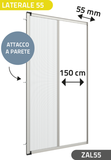 Zanzariera Antivento a rullo Laterale, a Molla, per Larghezza Vano fino a 150 cm, Ingombro da 55 mm - 811