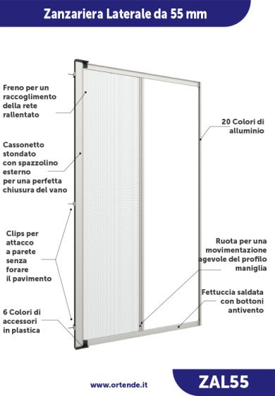 Zanzariera Antivento a rullo Laterale, a Molla, per Larghezza Vano fino a 150 cm, Ingombro da 55 mm - 811