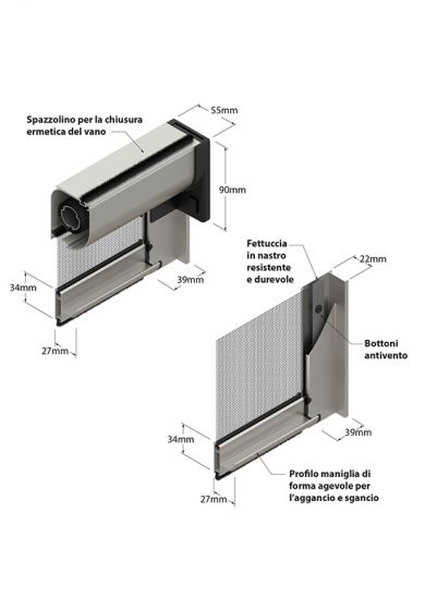 Zanzariera Antivento a rullo Verticale, a Molla, ingombro da 55 mm - 808