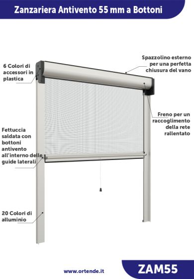 Zanzariera Antivento a rullo Verticale, a Molla, ingombro da 55 mm - 808