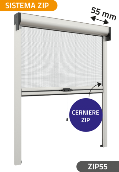 Zanzariera Antivento a rullo Verticale, Anticimice "Sigilla" con cerniera ZIP, ingombro da 55 mm - 16845
