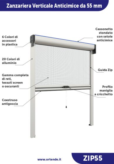 Zanzariera Antivento a rullo Verticale, Anticimice "Sigilla" con cerniera ZIP, ingombro da 55 mm - 16845