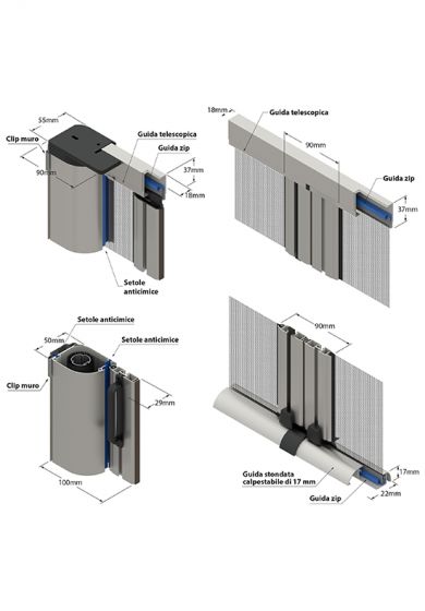 Zanzariera Antivento a rullo Laterale Anticimice "Sigilla" con cerniera ZIP, a doppia Apertura per larghezza Vano oltre 150 cm, con Guida bassa da 17 mm, ingombro da 55 mm - 17990