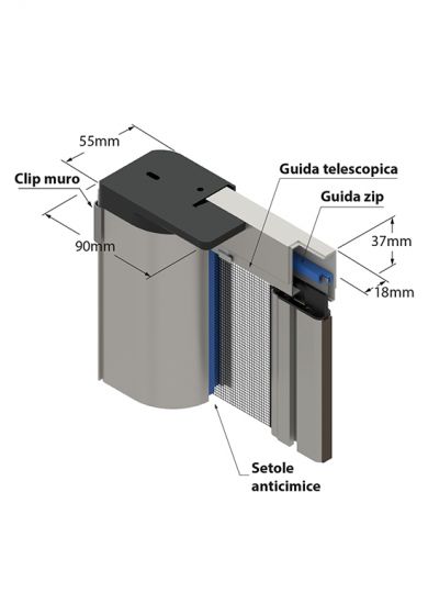 Zanzariera Antivento a rullo Laterale Anticimice 'Sigilla' con cerniera ZIP, con Guida Inferiore da 17 mm, ingombro da 55 mm