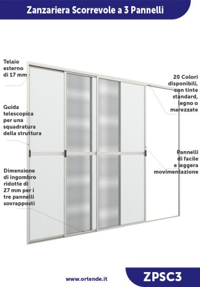 Zanzariera a 3 Pannelli Scorrevoli, ingombro da 33 mm - 834