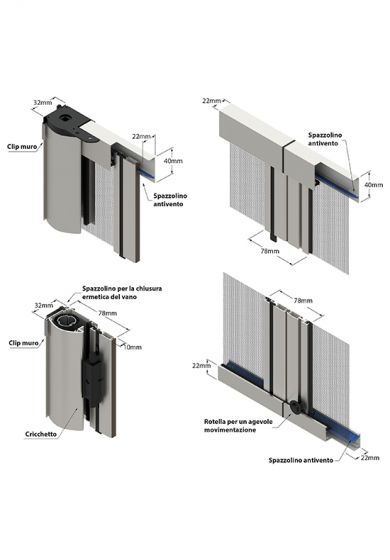 Zanzariera con setole Antivento, a rullo Laterale, a Molla e a doppia Apertura per Larghezza Vano fino a 260 cm, Ingombro da 32 mm - 826