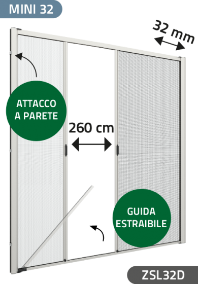 Zanzariera con setole Antivento, a rullo Laterale, a Molla e a doppia Apertura per Larghezza Vano fino a 260 cm, Ingombro da 32 mm - 826