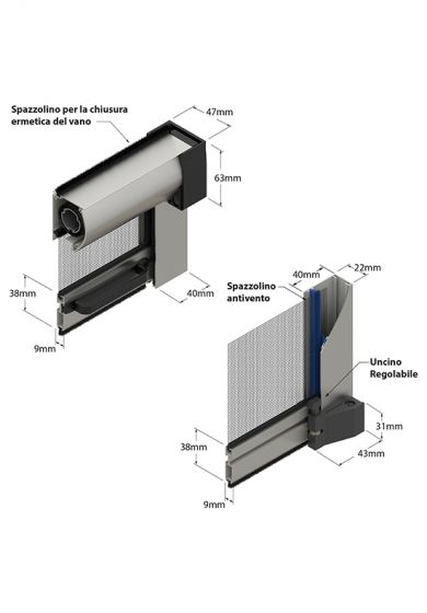 Zanzariera "No Fori" con setole Antivento, a rullo Verticale, a Molla, ingombro da 47 mm - 17991