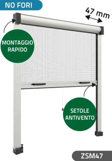 Zanzariera "No Fori" con setole Antivento, a rullo Verticale, a Molla, ingombro da 47 mm - 17991