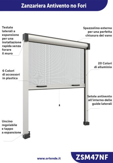 Zanzariera "No Fori" con setole Antivento, a rullo Verticale, a Molla, ingombro da 47 mm - 17991