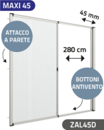 Zanzariera Antivento a rullo Laterale, a Molla e a doppia Apertura, per Larghezza Vano fino a 280 cm, ingombro da 45 mm - 15029