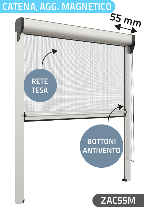 Zanzariera Antivento a rullo Verticale, a Catena e Aggancio magnetico, ingombro da 55 mm - 15031