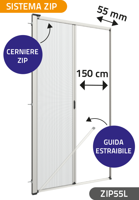 Zanzariera Antivento a rullo Laterale Anticimice 'Sigilla' con cerniera ZIP, con Guida Inferiore da 17 mm, ingombro da 55 mm