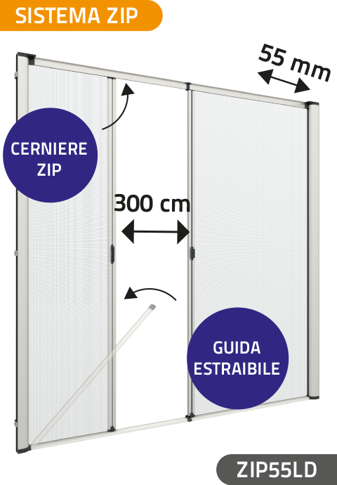 Zanzariera Antivento a rullo Laterale Anticimice "Sigilla" con cerniera ZIP, a doppia Apertura per larghezza Vano oltre 150 cm, con Guida bassa da 17 mm, ingombro da 55 mm - 17990