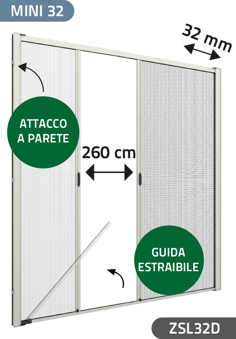 Zanzariera con setole Antivento, a rullo Laterale, a Molla e a doppia Apertura per Larghezza Vano fino a 260 cm, Ingombro da 32 mm - 826