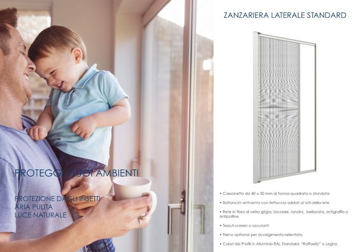 Zanzariera Antivento a rullo Laterale, a Molla, per Larghezza Vano fino a 150 cm, Ingombro da 55 mm - 811