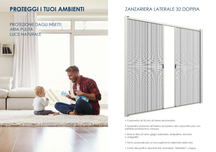 Zanzariera con setole Antivento, a rullo Laterale, a Molla e a doppia Apertura per Larghezza Vano fino a 260 cm, Ingombro da 32 mm - 826