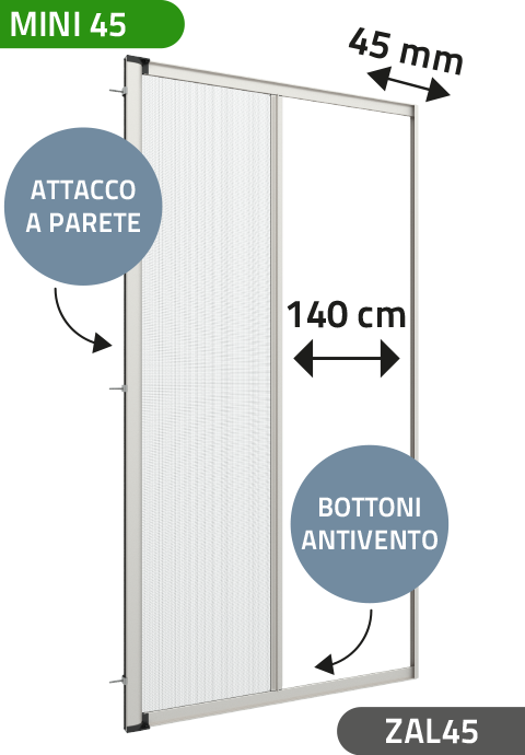 Zanzariera Antivento a rullo Laterale, a Molla, per Larghezze Vano fino a 140 cm, Ingombro da 45 mm - 812