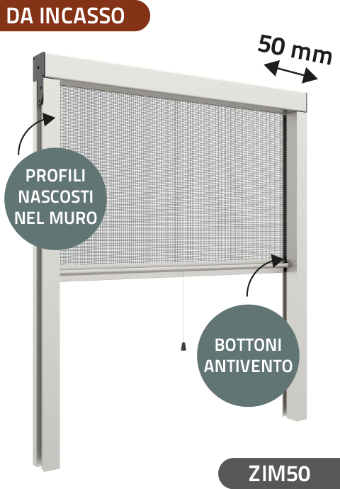 Zanzariera Antivento a rullo Verticale a Molla da Incasso, ingombro da 50 mm - 817