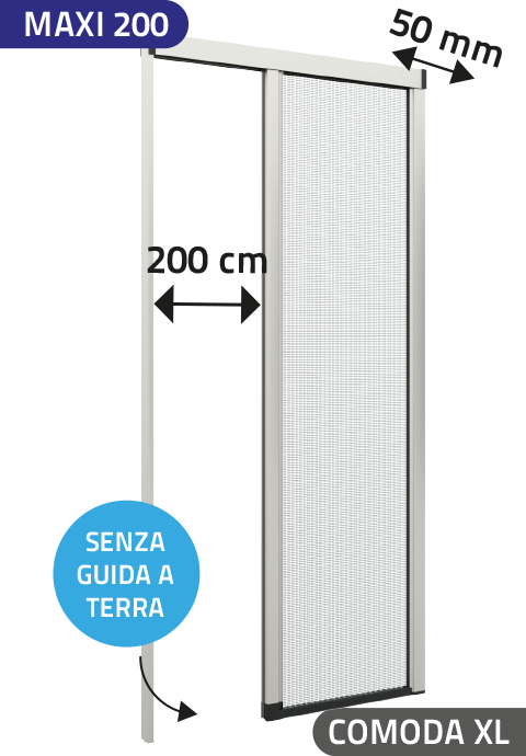 Zanzariera Laterale Frizionata "COMODA XL", per larghezza Vano fino a 200 cm, senza Guida inferiore a Pavimento, ingombro da 50 mm - 829