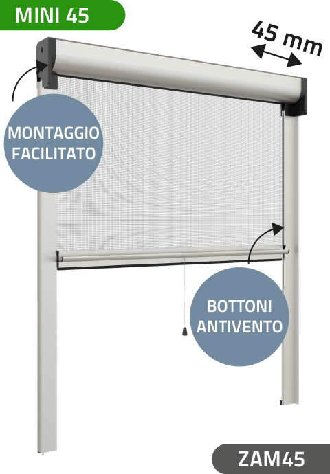 Zanzariera Antivento a rullo Verticale, a Molla, ingombro da 45 mm - 809