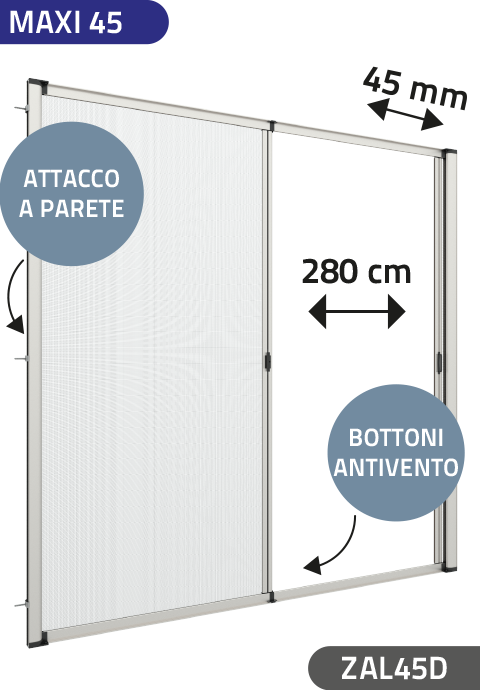 Zanzariera Antivento a rullo Laterale, a Molla e a doppia Apertura, per Larghezza Vano fino a 280 cm, ingombro da 45 mm - 15029
