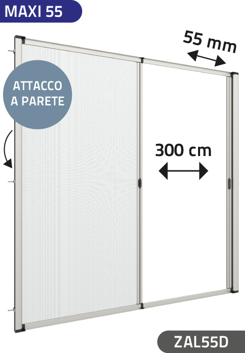 Zanzariere Antivento a rullo Laterale, a Molla e a doppia Apertura, per Larghezza Vano fino a 300 cm, Ingombro da 55 mm - 814