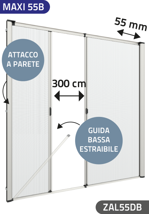 Zanzariera Antivento a rullo Laterale, a Molla e a doppia Apertura per larghezza Vano fino a 300 cm, con Guida inferiore da 17 mm, Ingombro da 55 mm - 815