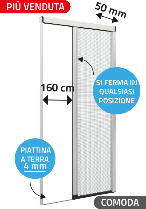 Zanzariera Laterale Frizionata "COMODA", con Piattina in Pvc calpestabile di soli 4 mm, per Larghezze vano fino a 160 cm, Ingombro da 50 mm - 828