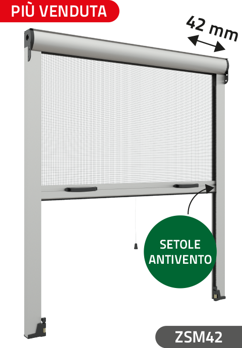 Zanzariera con setole Antivento, a rullo Verticale, a Molla, ingombro da 42 mm - 820