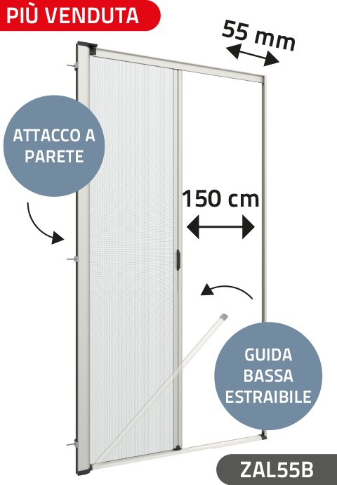Zanzariera Antivento a Molla Laterale, con Guida inferiore da 17 mm, per Larghezza Vano fino a 150 cm, Ingombro da 55 mm