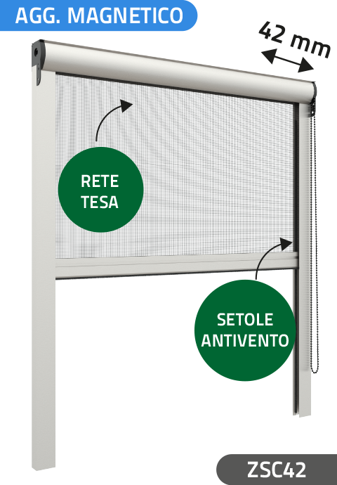 Zanzariera con setole Antivento, a rullo Verticale, a Catena con Aggancio Magnetico, ingombro da 42 mm - 822
