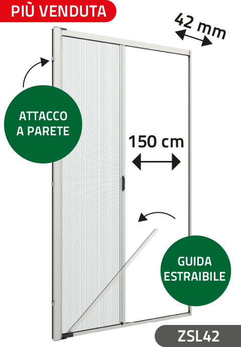Zanzariera con setole Antivento, a rullo Laterale, a Molla, per Larghezza Vano fino a 150 cm, Ingombro da 42 mm
