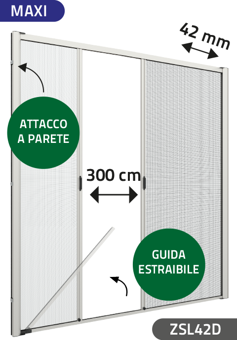 Zanzariera con setole Antivento, a rullo Laterale, a Molla e a doppia Apertura per Larghezza Vano fino a 300 cm, Ingombro da 42 mm - 825