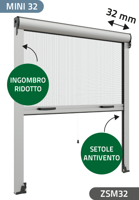 Zanzariera "Mini" con setole Antivento, a rullo Verticale, a Molla, ingombro da 32 mm - 821