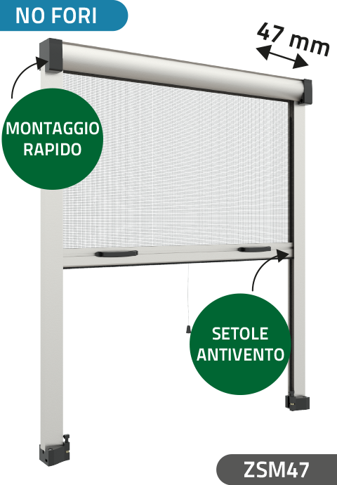 Zanzariera "No Fori" con setole Antivento, a rullo Verticale, a Molla, ingombro da 47 mm - 17991