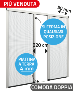 Zanzariera Laterale Frizionata "COMODA DOPPIA", con Piattina in Pvc calpestabile di soli 4 mm, per Larghezze vano fino a 320 cm, Ingombro da 50 mm - 831