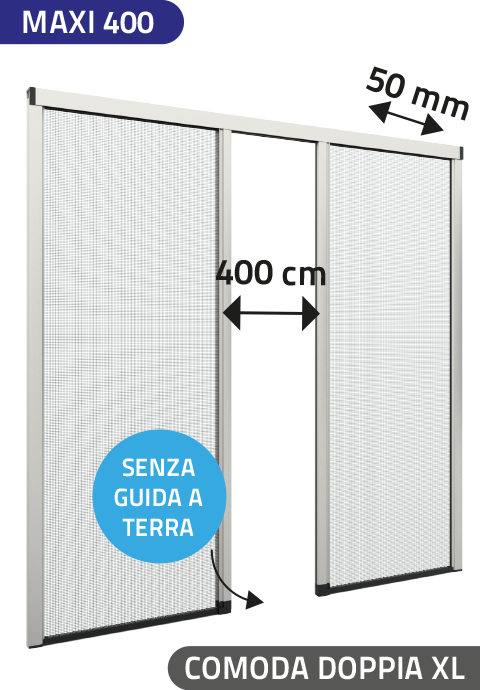 Zanzariera Laterale Frizionata "COMODA DOPPIA XL", senza Guida inferiore a Pavimento, a doppia Apertura per larghezza Vano fino a 400 cm, ingombro da 50 mm