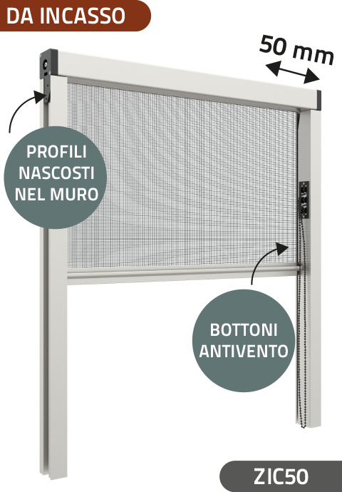 Zanzariera Antivento a rullo Verticale a Catena da Incasso, ingombro da 50 mm - 1127