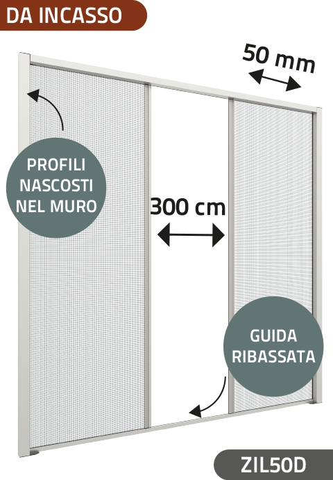 Zanzariera Antivento a rullo Laterale a doppia Apertura da Incasso, ingombro da 50 mm - 15033