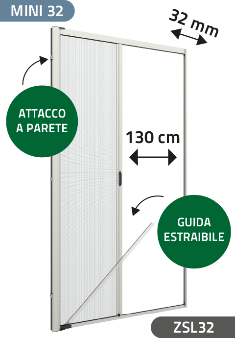 Zanzariera con setole Antivento, a rullo Laterale, a Molla, per Larghezza Vano fino a 130 cm, Ingombro da 32 mm