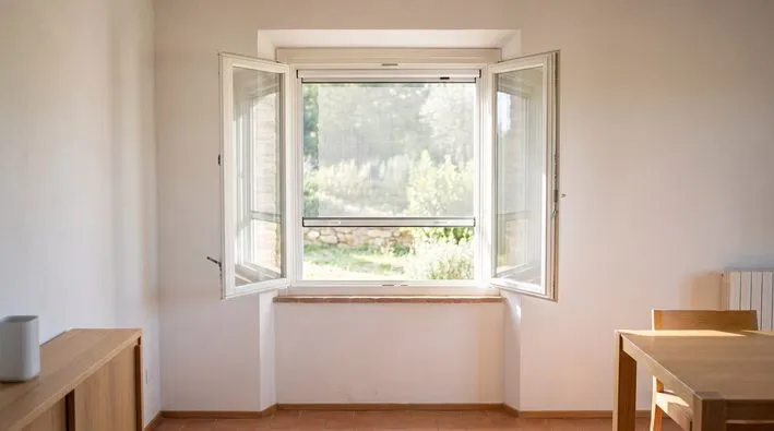 Finestra - zanzariera verticale a rullo, cassonetto in alto e rete che scende