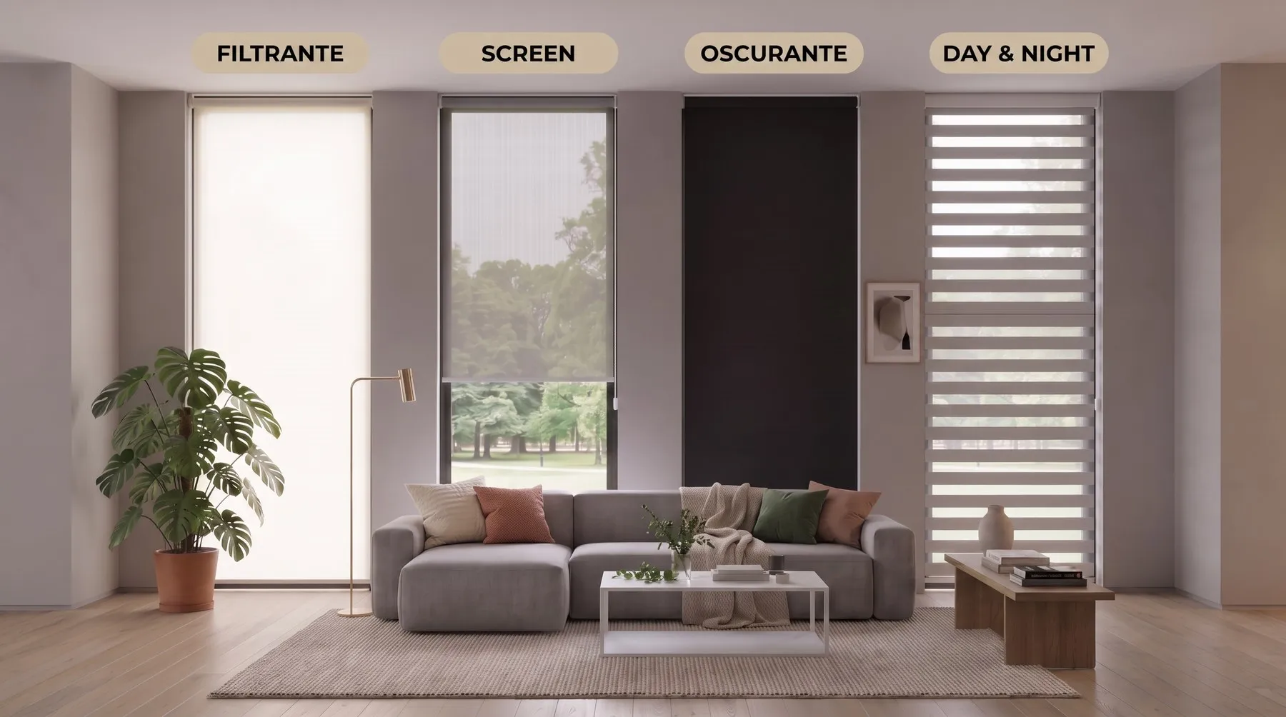 I quattro tessuti a confronto: filtrante, screen, oscurante e day & night sulla stessa parete