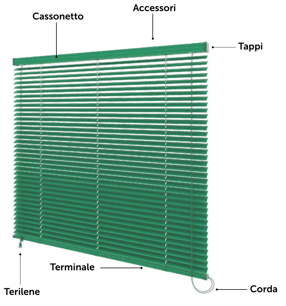 Veneziana da esterno da 35 mm: cassonetto, accessori, tappi, terminale, corda e nastro in terilene