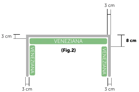 Schema delle misure con veneziane sui tre lati del balcone: 8 cm di tolleranza